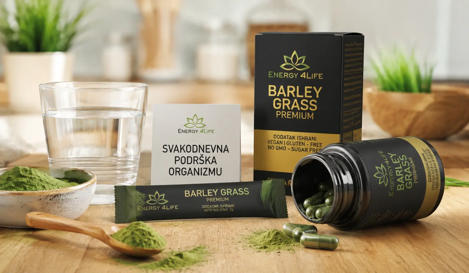 Fotografija 2 – Nutritivna vrednost 1200 × 628 px Atraktivna kompozicija ječmene trave, zelenog praha i svežeg povrća, uz diskretne elemente koji asociraju na vitamine i minerale. Bez lažnih brojki ili medicinskih tvrdnji. Ječmena trava i biljni nutrijenti