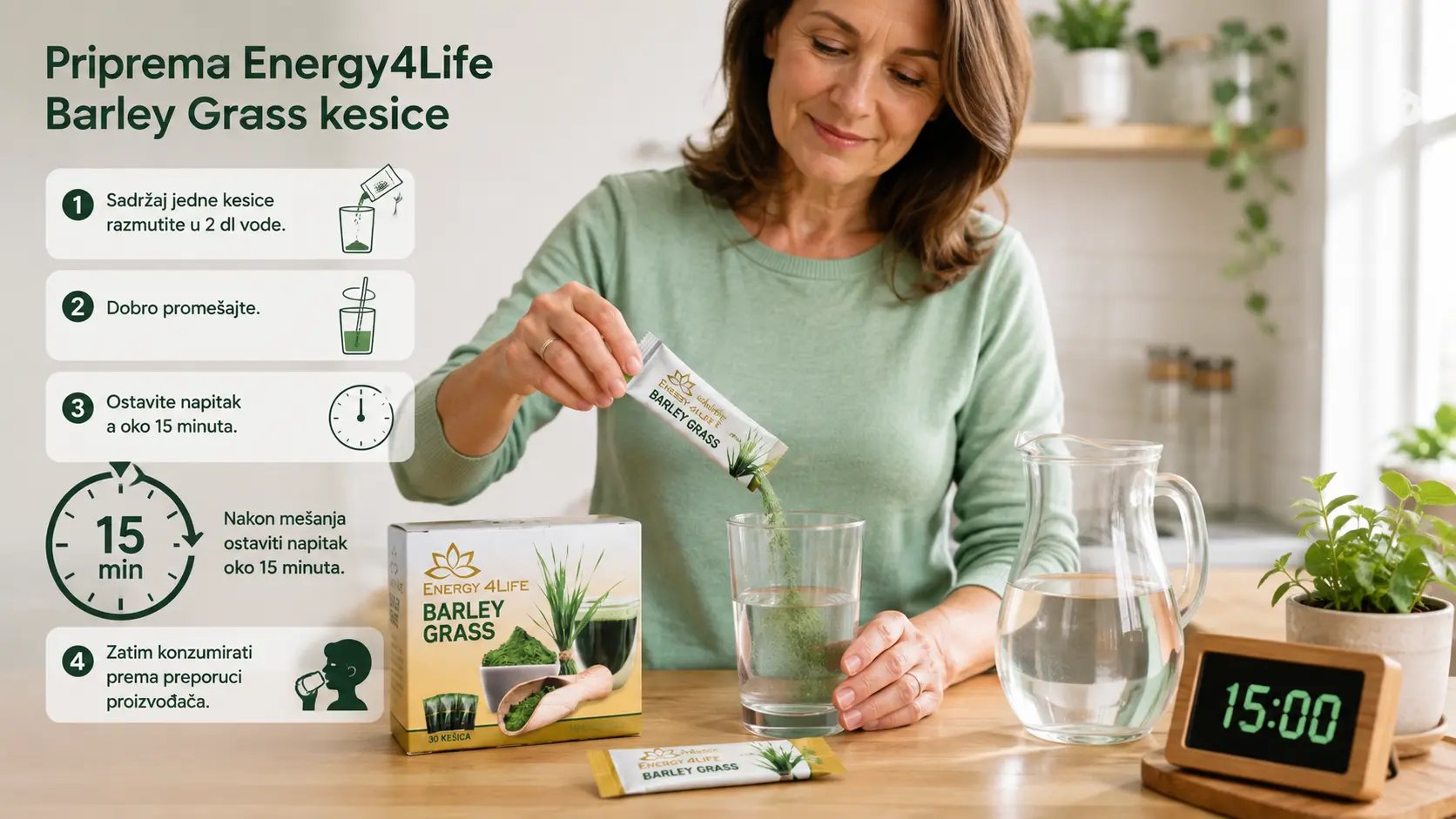 Priprema Energy4Life Barley Grass kesice sa vodom